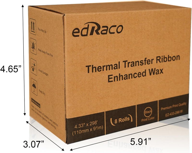 Edraco 8 Rolls Desktop Thermal Transfer Ribbons -Enhanced Wax, 4.33" x 298'(110mm x 91m), 0.5” Core, for Zebra Desktop Printer - Image 2